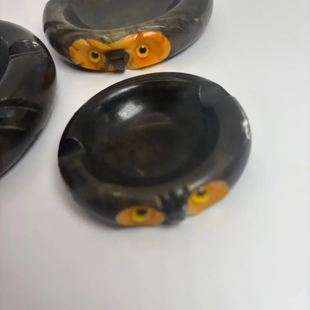 Rare Vtg Alabaster Nesting Set 3 Owl Ashtray/Candy Trinket Dish Made in Italy